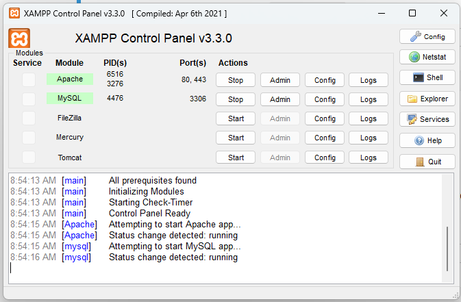 XAMPP Control Panel (screenshot)