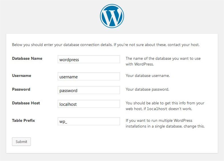 WordPress database config screen (screenshot)