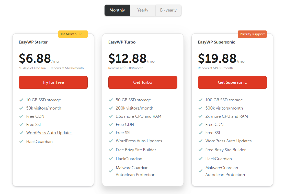 Select hosting plan screenshot